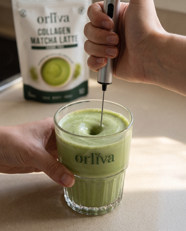 Mixing an ORLIVA matcha collagen latte