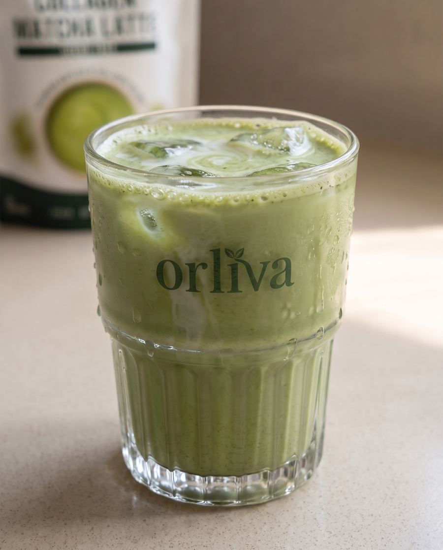 Creamy iced ORLIVA vanilla coconut matcha latte